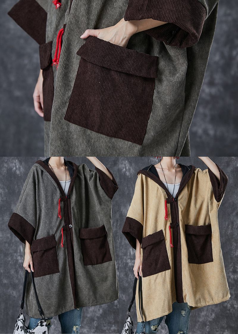 Grå Patchwork Varm Fleece Corduroy Trench Hættelommer Fjeder - Dame trenchcoats