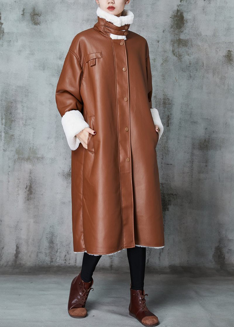 Italiensk Brun Overdimensioneret Varm Læder Og Pels Trenchcoats Forår - Dame trenchcoats