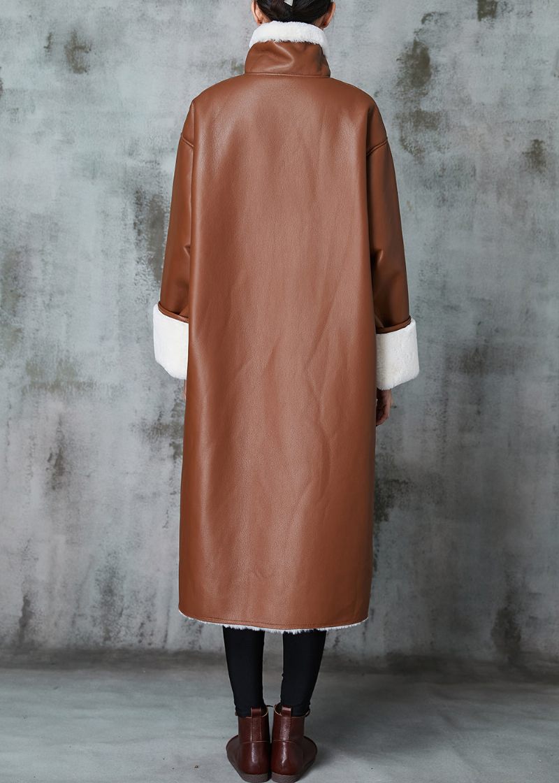 Italiensk Brun Overdimensioneret Varm Læder Og Pels Trenchcoats Forår - Dame trenchcoats
