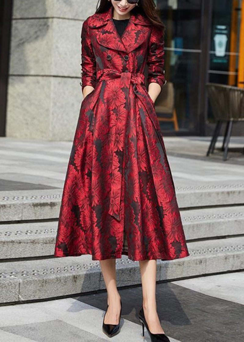 Jacquard Rød Peter Pan Krave Tie Talje Patchwork Bomuld Lang Trench Coat Efterår