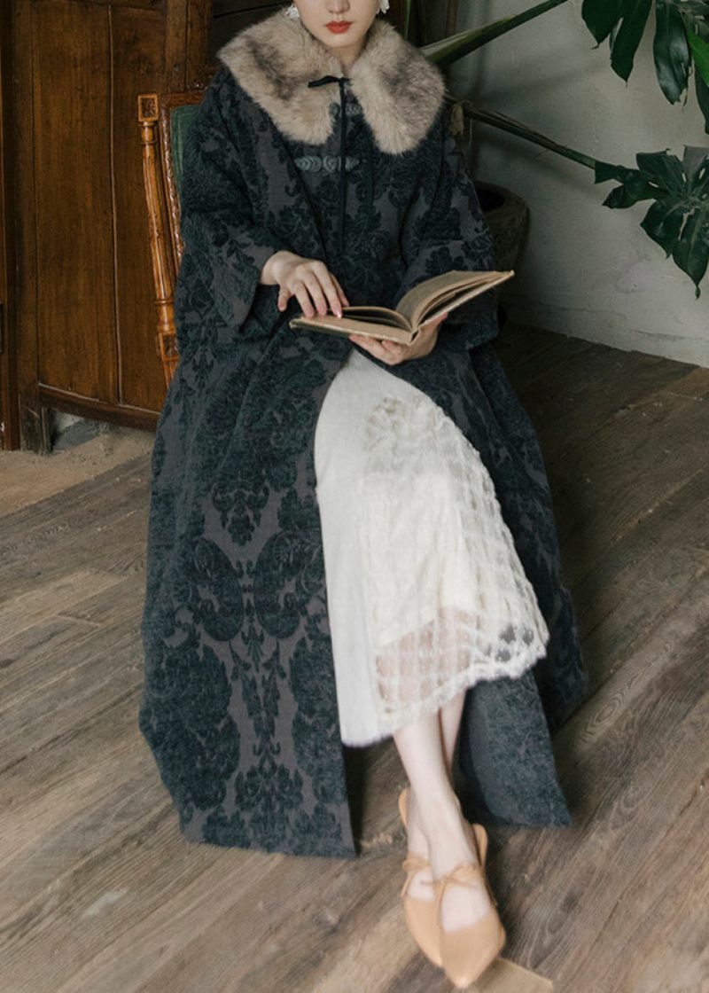 Jacquard Sort Fox Krave Knap Tyk Silke Velour Lange Trenchcoats Ærmer