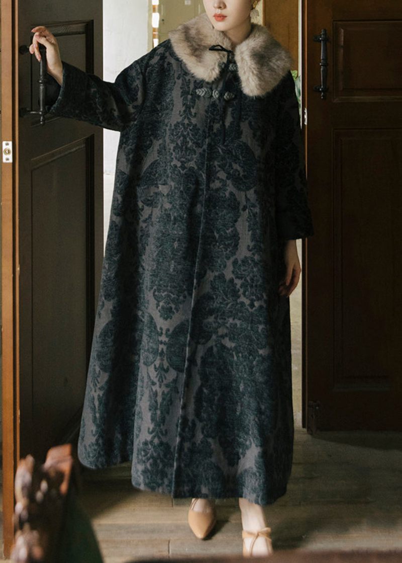 Jacquard Sort Fox Krave Knap Tyk Silke Velour Lange Trenchcoats Ærmer - Dame trenchcoats