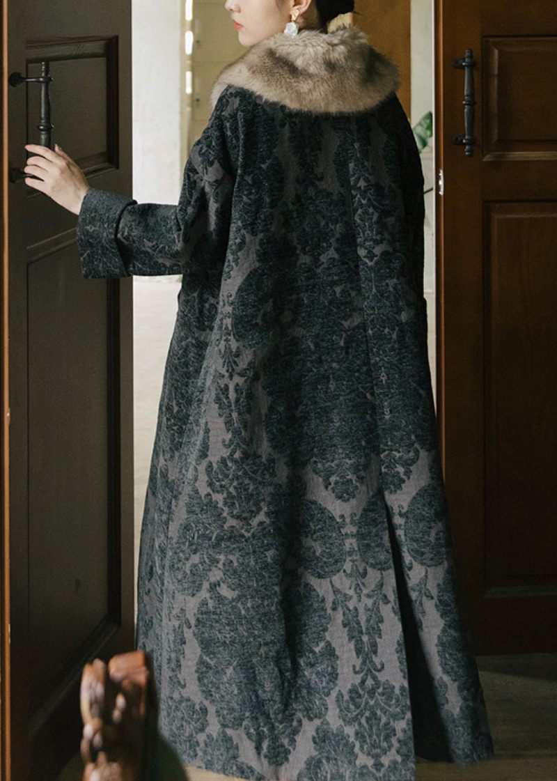 Jacquard Sort Fox Krave Knap Tyk Silke Velour Lange Trenchcoats Ærmer - Dame trenchcoats