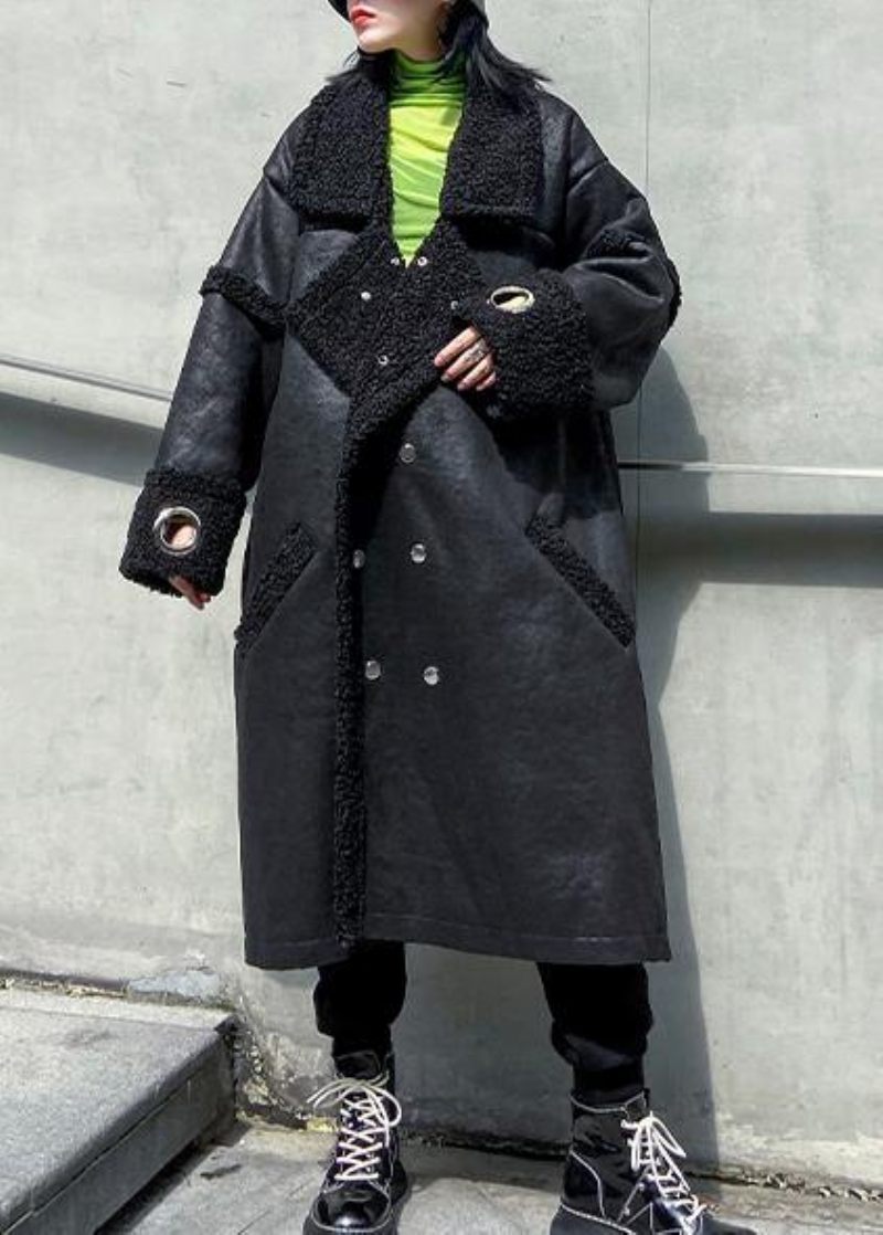 Klassisk Firkantet Krave Dobbelt Bryst Fine Lange Frakker Sorte Art Damefrakker - Dame trenchcoats