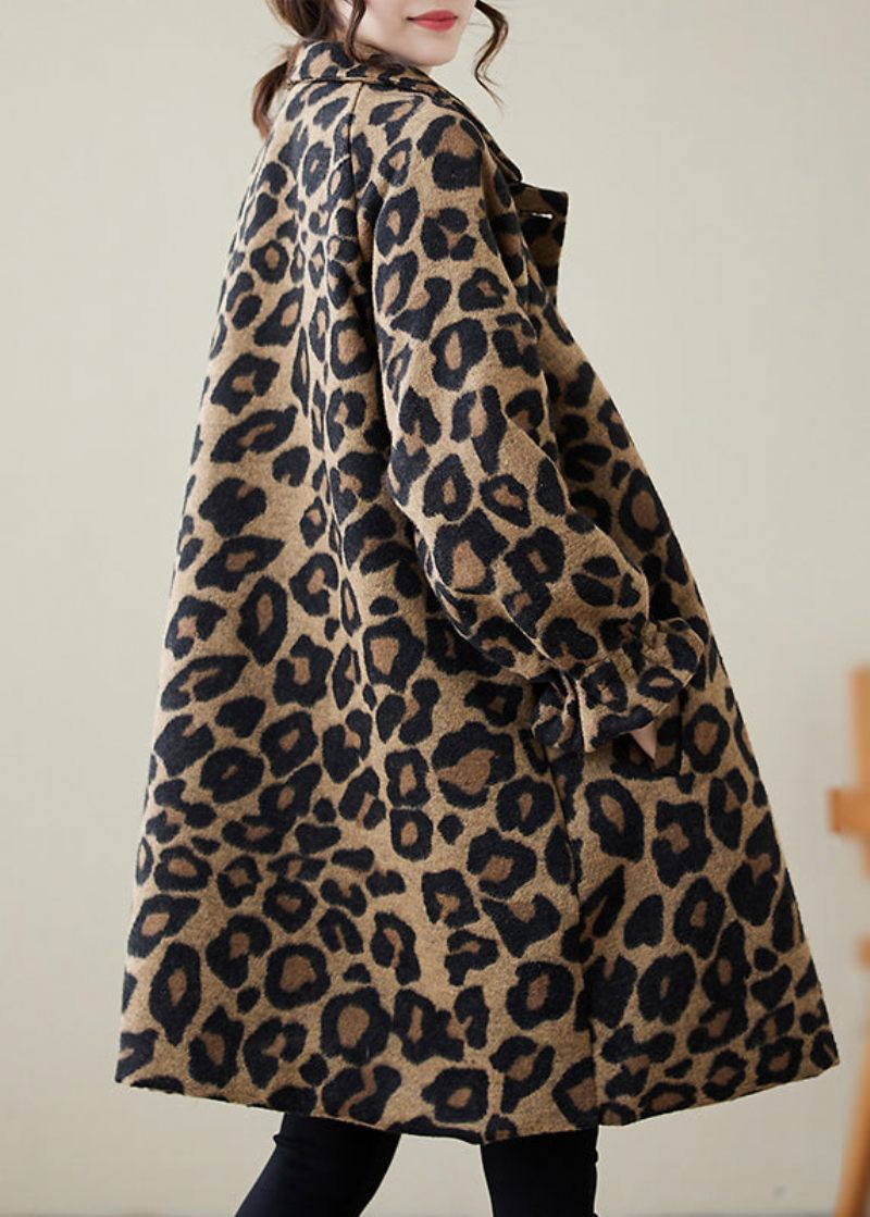 Klassisk Khaki Oversized Leopard Print Uldfrakker Vinter - Dame trenchcoats
