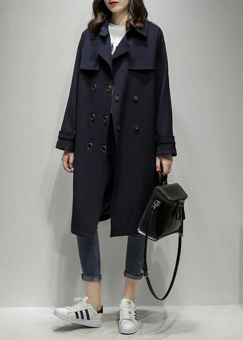 Klassisk Notched Dobbelt Bryst Plus Size Trenchcoat Marineblå Silhuet Outwear - Dame trenchcoats