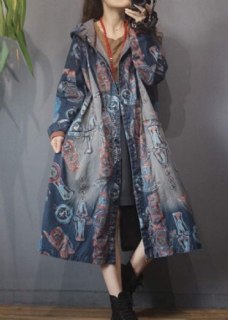 Kvinder Blue Print Knaplommer Bomuld Hættetrøje Denim Trench Coat Langærmet