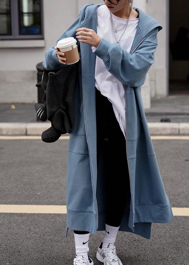 Kvinder Med Hætte I Siden Åben Fashion Coats Blå Daglige Frakker