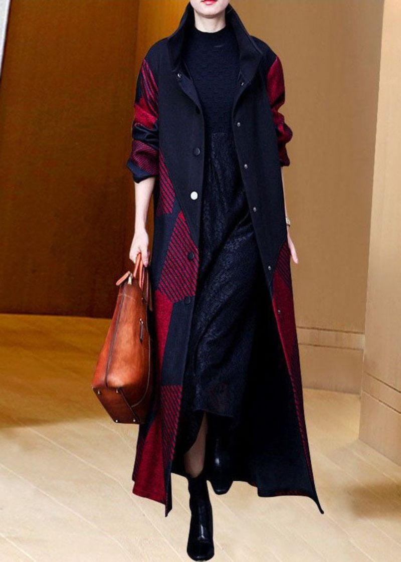 Kvinder Rød Oversized Stribet Varm Fleece Uld Frakke Outwear Spring - Dame trenchcoats