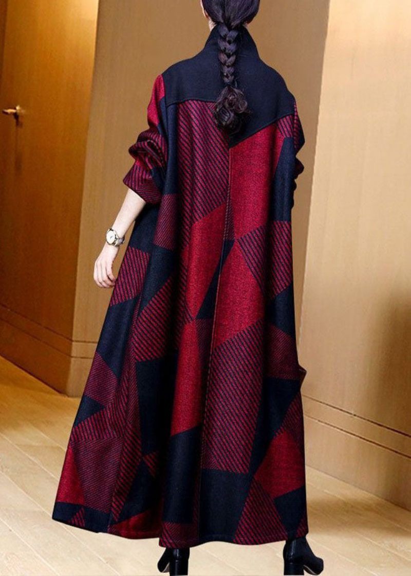 Kvinder Rød Oversized Stribet Varm Fleece Uld Frakke Outwear Spring - Dame trenchcoats