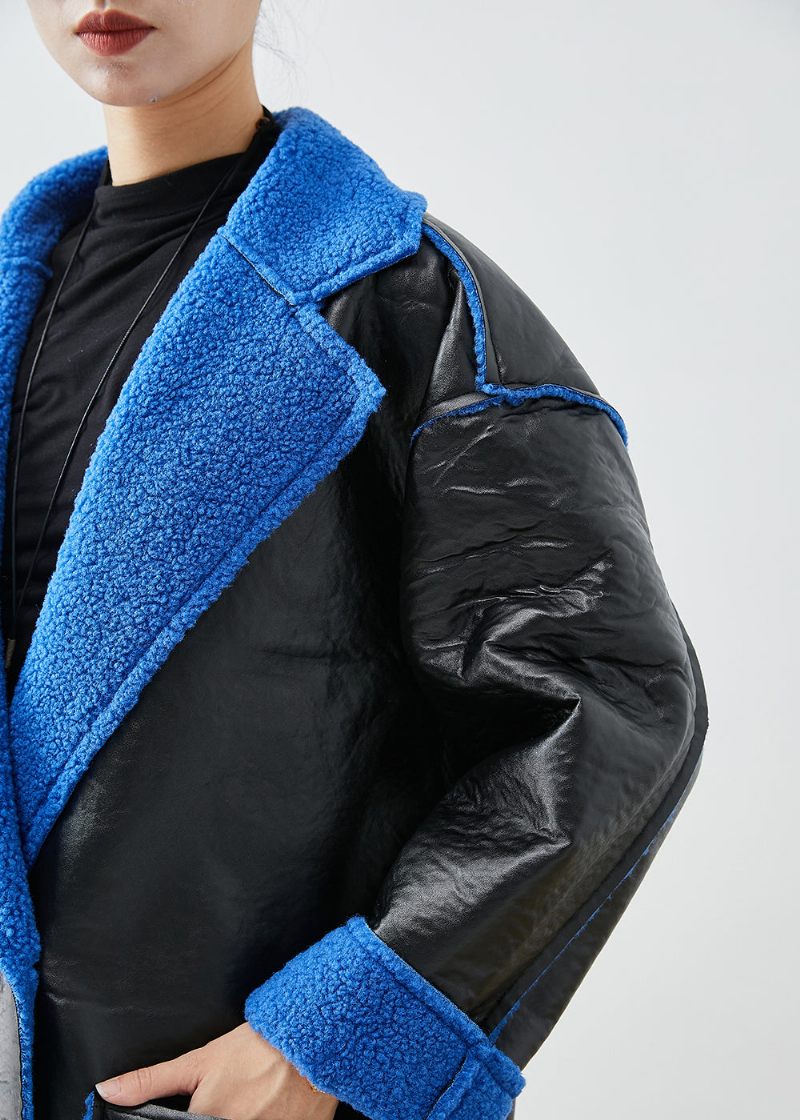 Kvinder Sort Fleece Uld Foret Slid På Begge Sider Imiteret Læder Frakke Outwear Vinter - Dame trenchcoats
