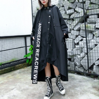Kvinder Sort Frakke Plus Size Hættetrøje Asymmetrisk Trenchcoat Binde Talje Print Frakker