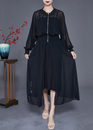 Kvinder Sort Lynlås Elastisk Talje Chiffon Upf 50+ Frakke Sommer