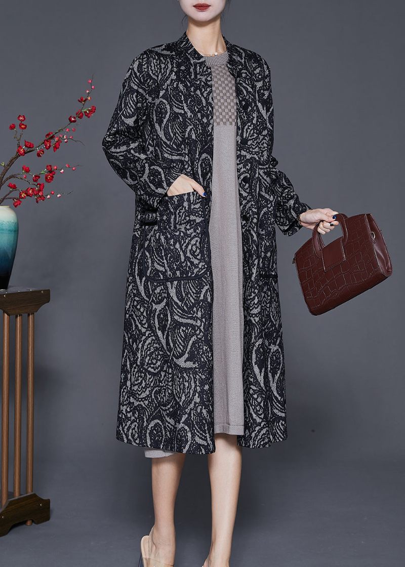 Kvinder Sort Oversized Print Bomuld Trench Coats Efterår