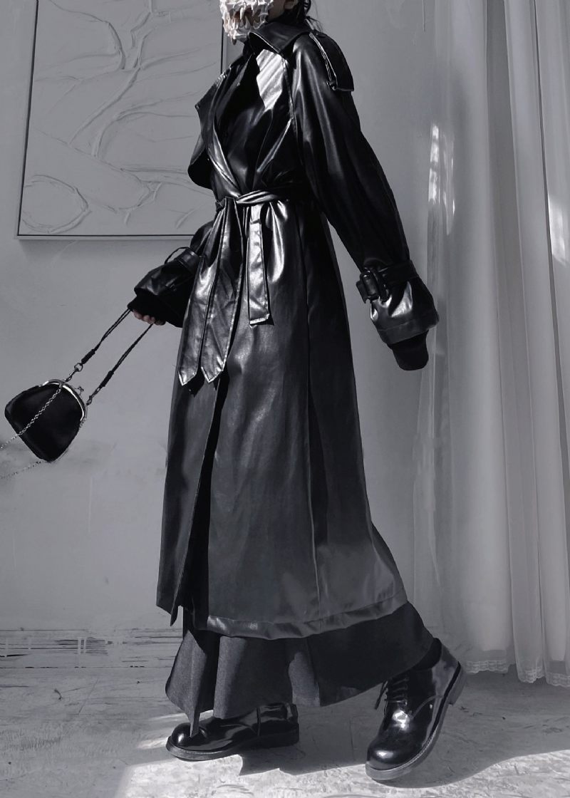 Kvinder Sort Peter Pan Colla Patchwork Sashes Kunstlæder Lange Trench Coats Langærmede - Dame trenchcoats