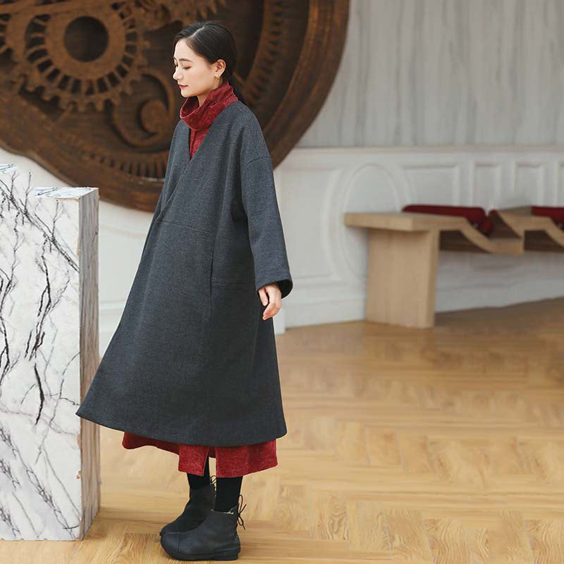Kvinder Sorte Frakker Trendy Plus Size V-hals Outwear Vintage Baggy Lommer Uldjakker - Dame trenchcoats