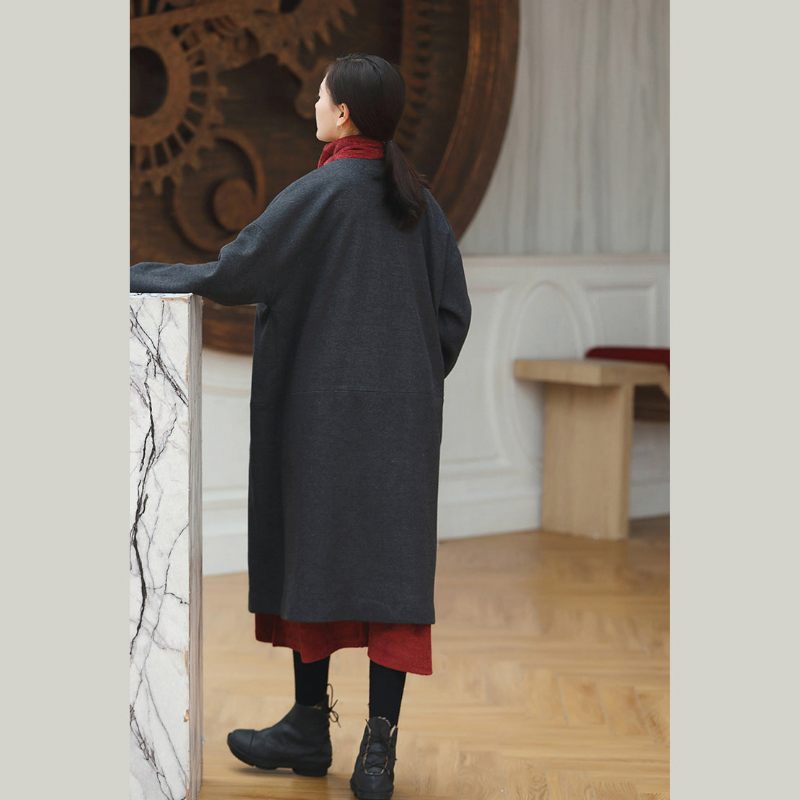 Kvinder Sorte Frakker Trendy Plus Size V-hals Outwear Vintage Baggy Lommer Uldjakker - Dame trenchcoats