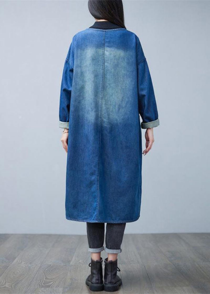 Løs Denim Blå V-hals Patchwork Lommer Bomuld Trench Coats Spring - Dame trenchcoats