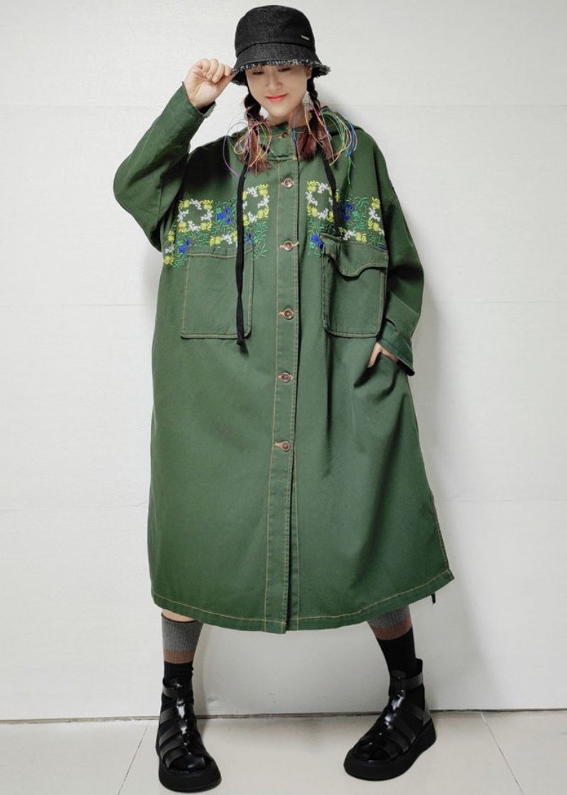 Løse Army Grønne Hættelommer Denim Lang Trench Coat Efterår