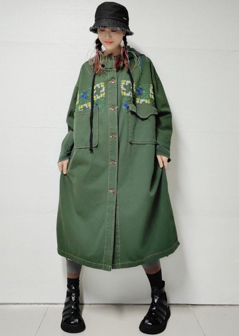 Løse Army Grønne Hættelommer Denim Lang Trench Coat Efterår - Dame trenchcoats