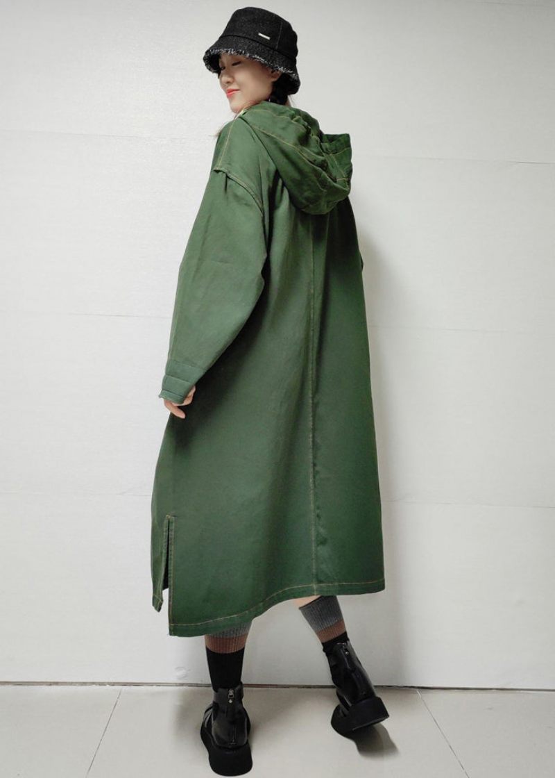 Løse Army Grønne Hættelommer Denim Lang Trench Coat Efterår - Dame trenchcoats