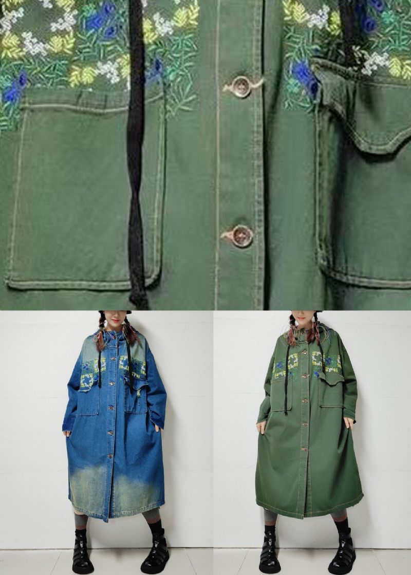 Løse Army Grønne Hættelommer Denim Lang Trench Coat Efterår - Dame trenchcoats