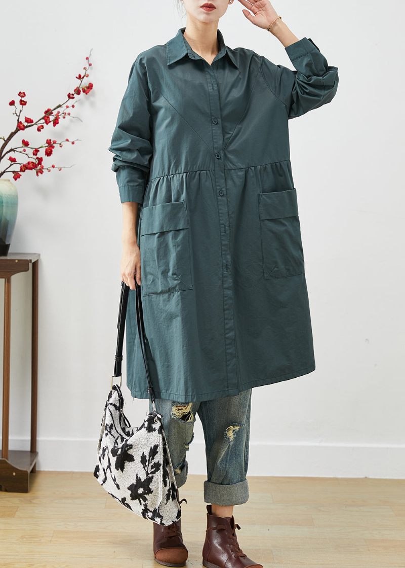 Løse Påfugle Grønne Lommer Patchwork Bomuldsskjortekjoler Forår - Dame trenchcoats