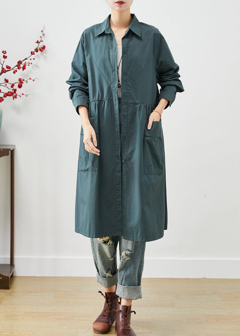 Løse Påfugle Grønne Lommer Patchwork Bomuldsskjortekjoler Forår - Dame trenchcoats
