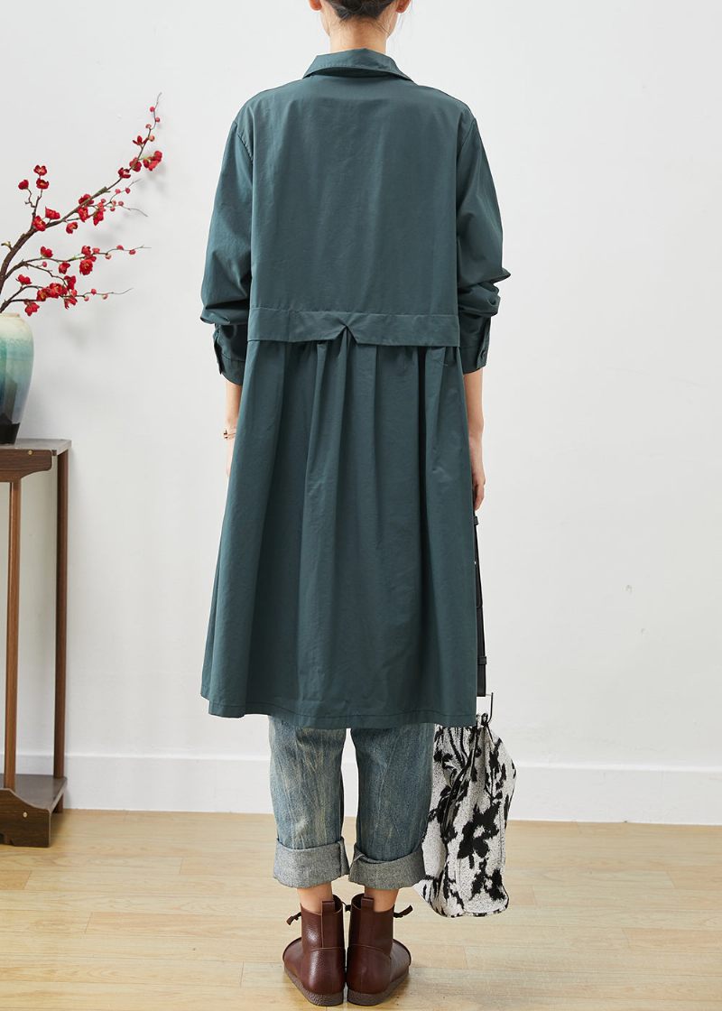 Løse Påfugle Grønne Lommer Patchwork Bomuldsskjortekjoler Forår - Dame trenchcoats