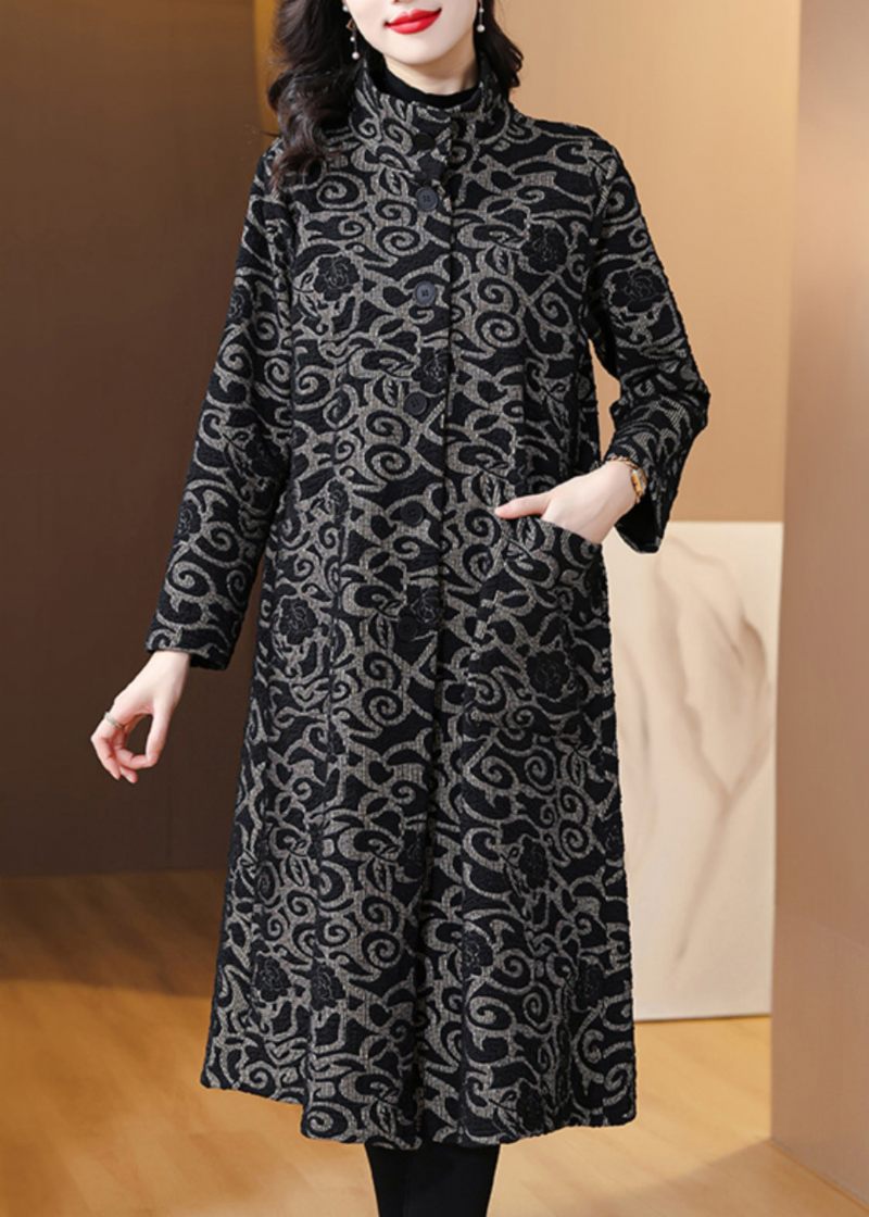Løse Sorte Lommer Jacquard Cotton Trench Spring - Dame trenchcoats