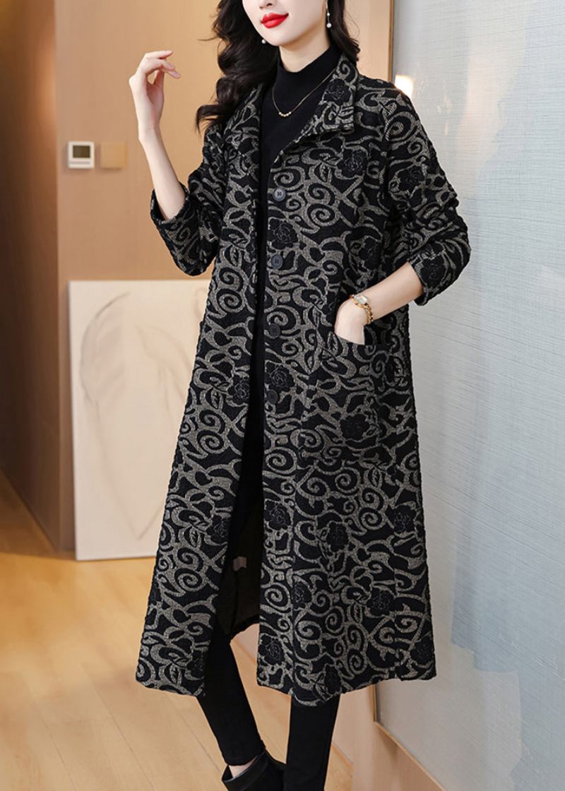 Løse Sorte Lommer Jacquard Cotton Trench Spring - Dame trenchcoats