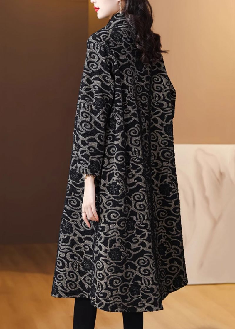 Løse Sorte Lommer Jacquard Cotton Trench Spring - Dame trenchcoats