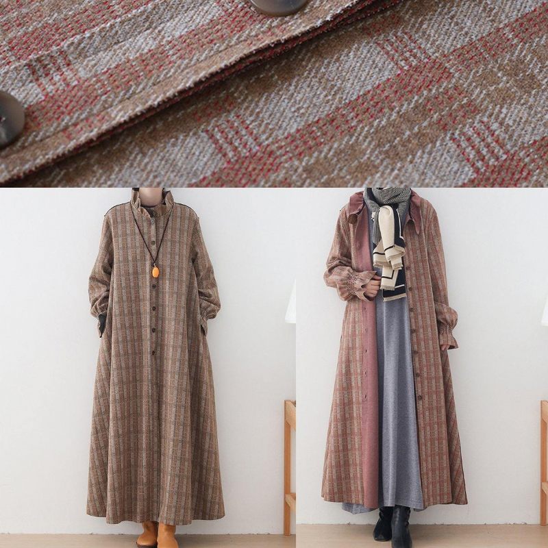 Luksus Kaki Plaid Uldjakker Trendy Plus Size Mellemlang Frakkestativ Krave Button Down Frakke - Khaki