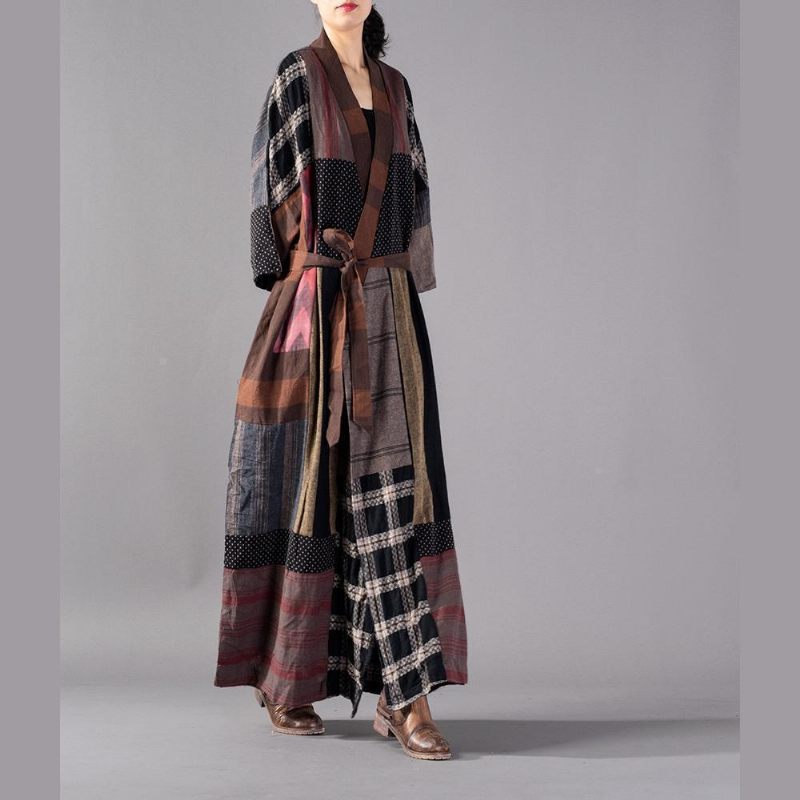 Luksus Plaid Lang Frakke Plus Størrelse V-hals Poset Trenchcoat Boutique Binde Talje Patchwork Lange Jakker - Dame trenchcoats