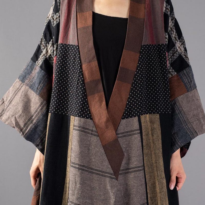 Luksus Plaid Lang Frakke Plus Størrelse V-hals Poset Trenchcoat Boutique Binde Talje Patchwork Lange Jakker - Dame trenchcoats