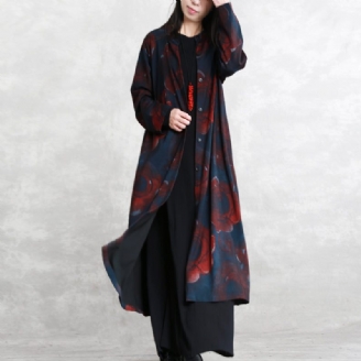 Luksus Print Bomuldsblanding Frakke Oversize Lommer Udtøj Mode Langærmet Baggy Trenchcoat