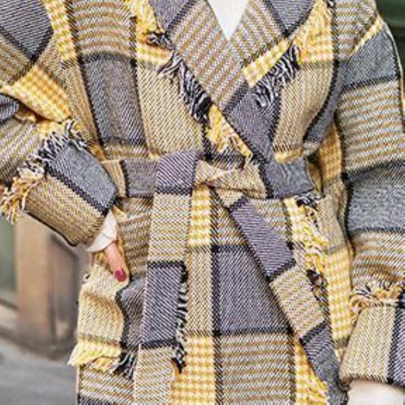 Mode Gule Plaid Frakker Afslappet Udhuggede Overtøjslommer Kvast - Dame trenchcoats