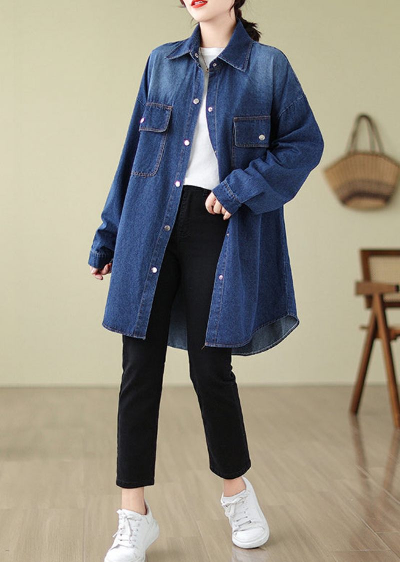 Moderne Denim Blå Oversized Lommer Bomuld Frakke Spring - Dame trenchcoats