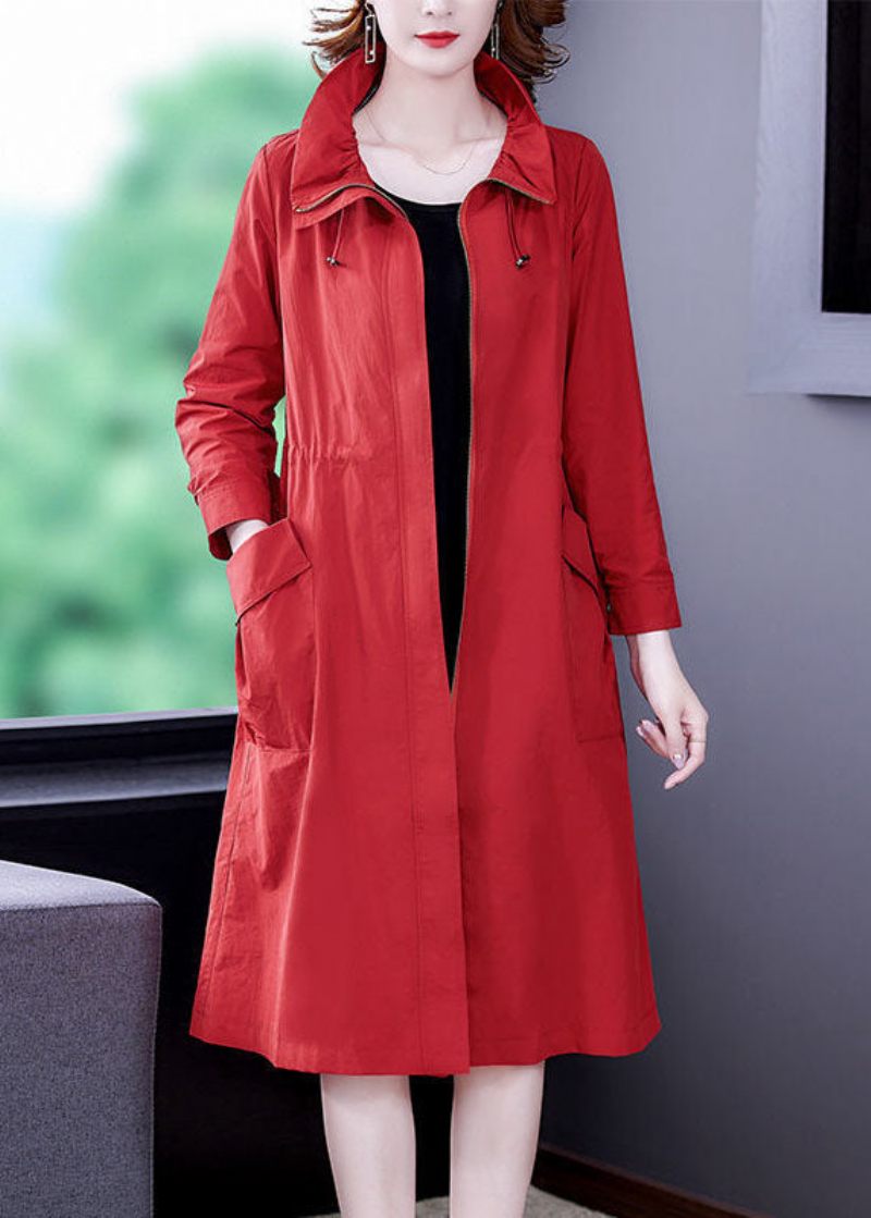Moderne Rød Stativ Krave Zip Up Silk Coat Outwear Langærmet