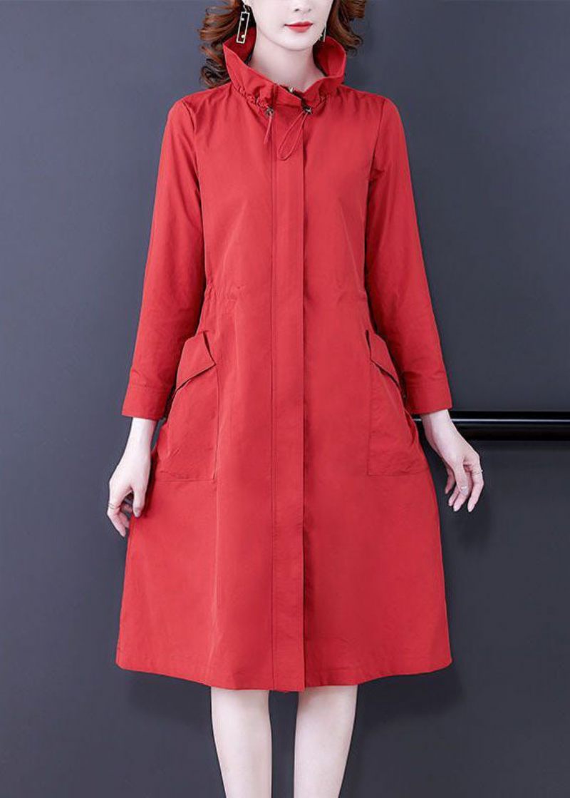 Moderne Rød Stativ Krave Zip Up Silk Coat Outwear Langærmet - Rød