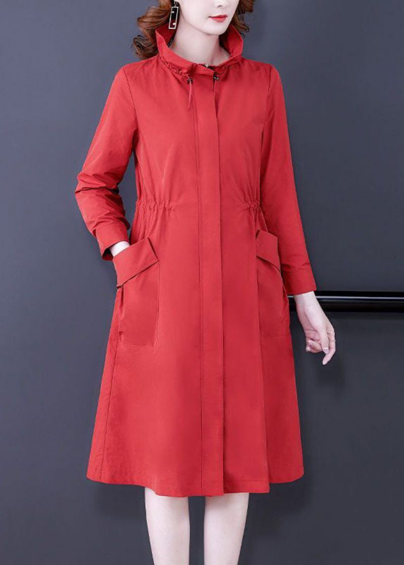 Moderne Rød Stativ Krave Zip Up Silk Coat Outwear Langærmet - Rød