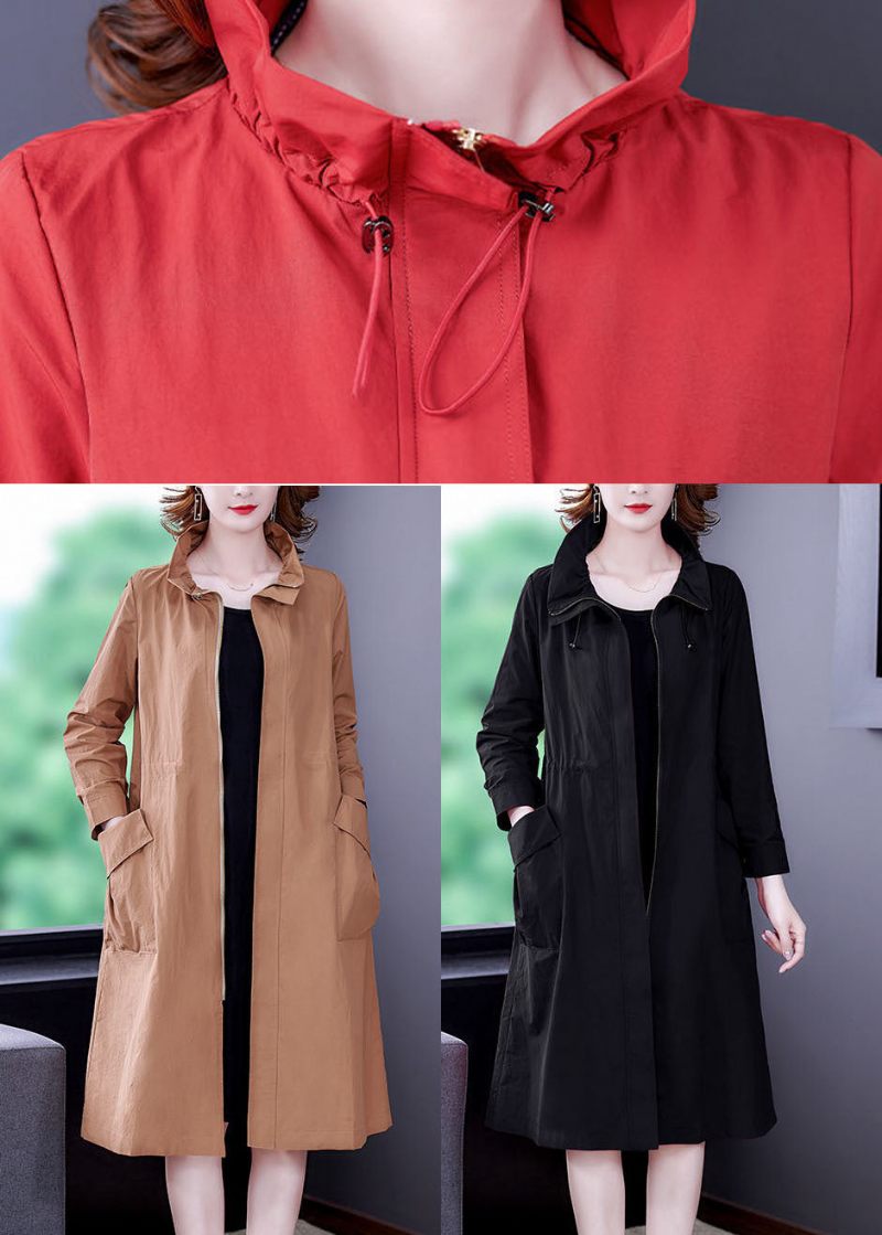 Moderne Rød Stativ Krave Zip Up Silk Coat Outwear Langærmet - Rød