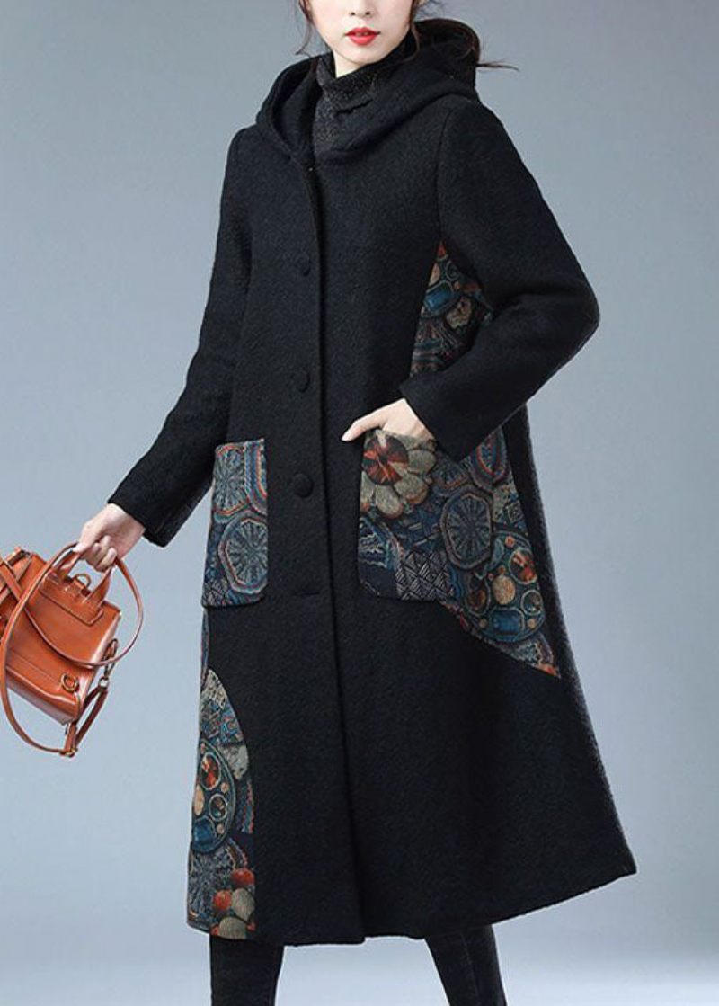 Moderne Sort Hætteprint Varm Fleece Uld Trenchcoat Vinter - Dame trenchcoats