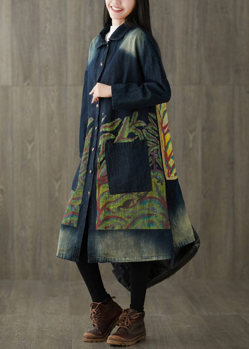 Monteret Navy Peter Pan Krave Lommer Print Denim Trench Spring - Dame trenchcoats