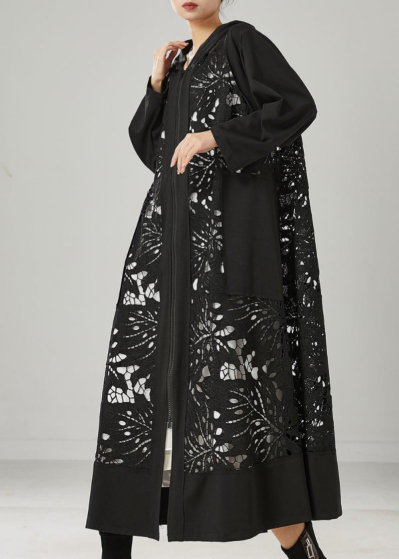 Monteret Sort Overdimensioneret Patchwork Udhulet Bomuldsgravfjeder - Dame trenchcoats