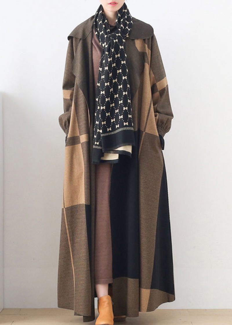 Naturlig Abrikos Peter Pan Krave Plaid Lommer Uld Trench Coats Langærmet - Dame trenchcoats