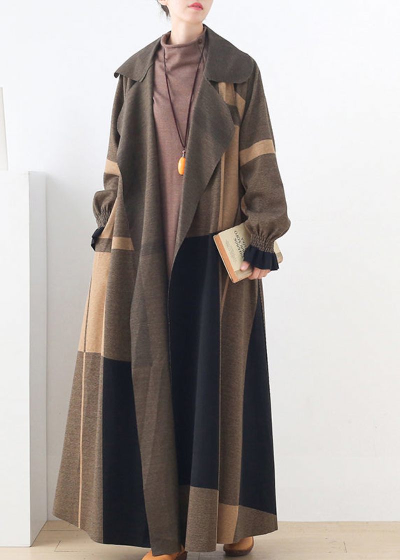 Naturlig Abrikos Peter Pan Krave Plaid Lommer Uld Trench Coats Langærmet - Dame trenchcoats