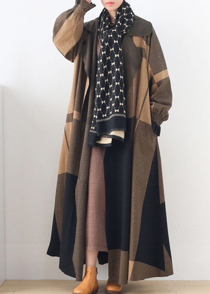 Naturlig Abrikos Peter Pan Krave Plaid Lommer Uld Trench Coats Langærmet - Dame trenchcoats
