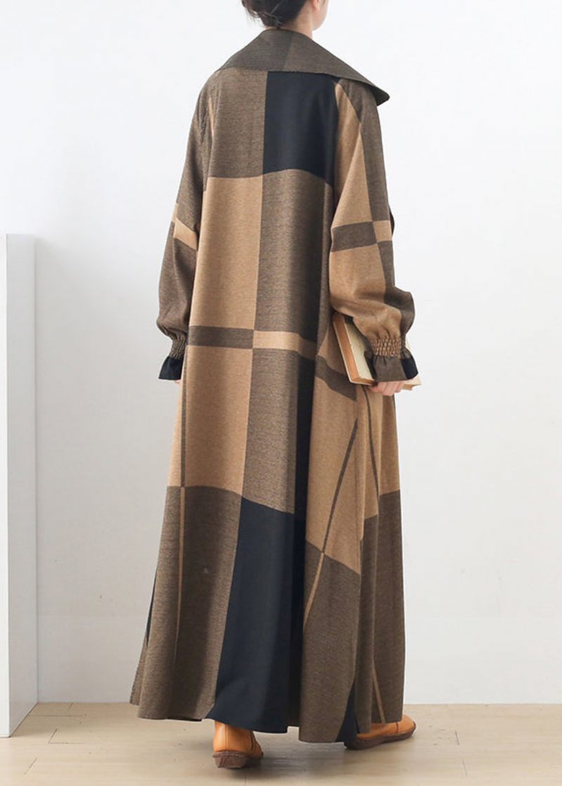 Naturlig Abrikos Peter Pan Krave Plaid Lommer Uld Trench Coats Langærmet - Dame trenchcoats