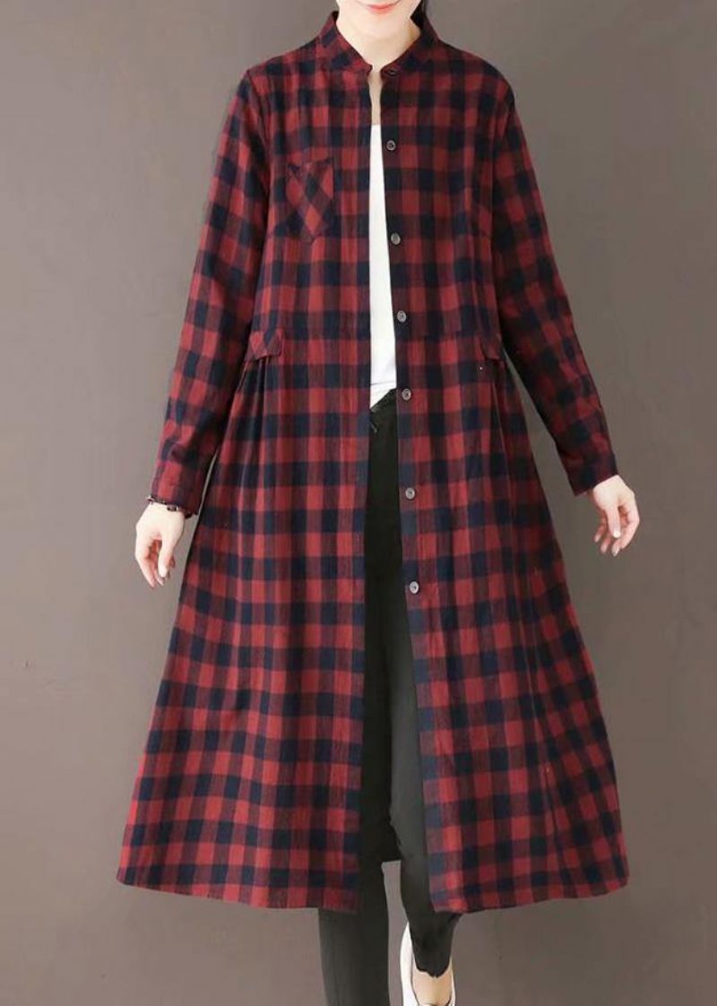 Naturlig Bourgogne Plaid Quilting Kjoler Standkrave Lommer Lange Forårskjoler - Gul